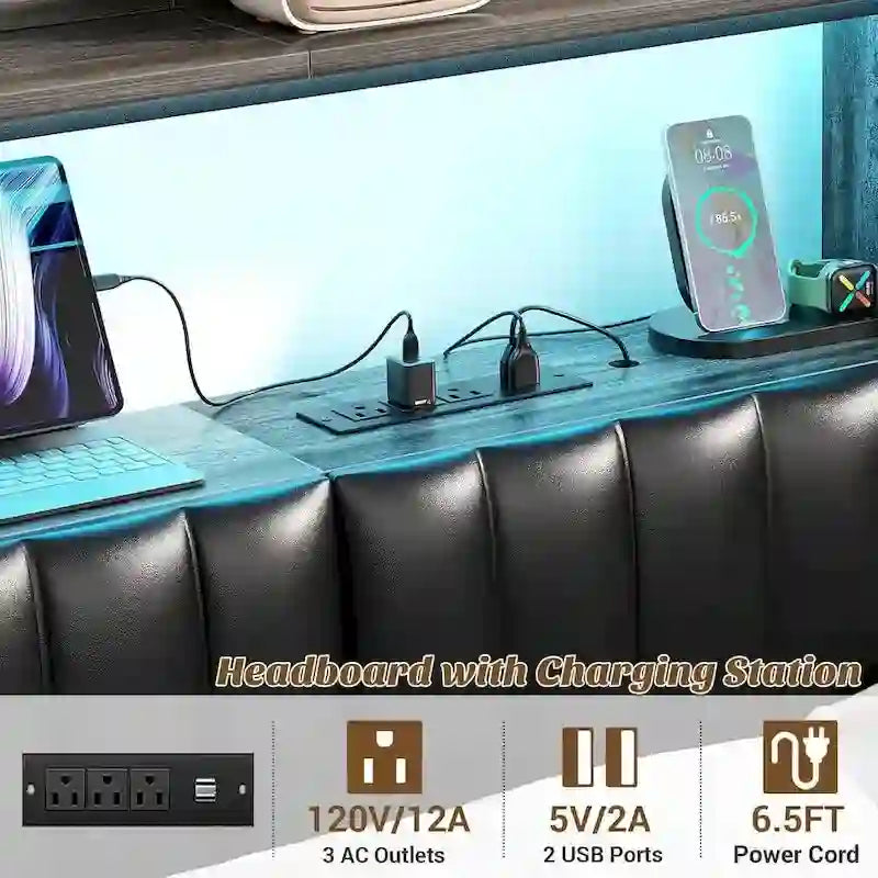 Tête de lit rembourrée avec tiroirs de rangement et éclairage LED RGB, tête de lit robuste