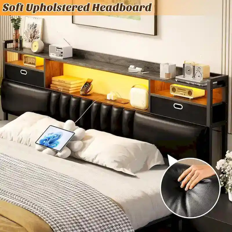 Tête de lit rembourrée avec tiroirs de rangement et éclairage LED RGB, tête de lit robuste