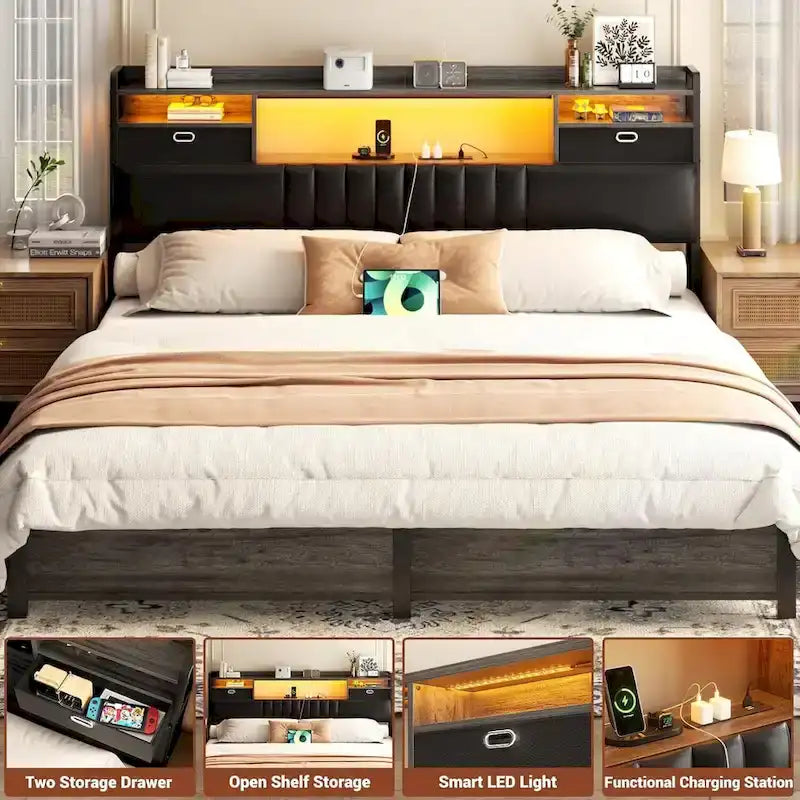 Tête de lit rembourrée avec tiroirs de rangement et éclairage LED RGB, tête de lit robuste