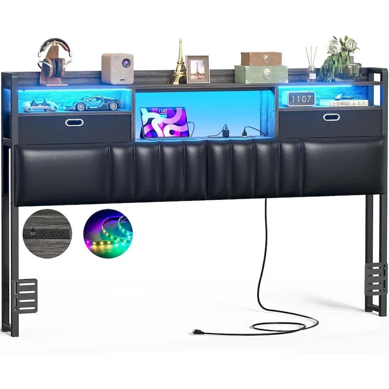 Tête de lit rembourrée avec tiroirs de rangement et éclairage LED RGB, tête de lit robuste