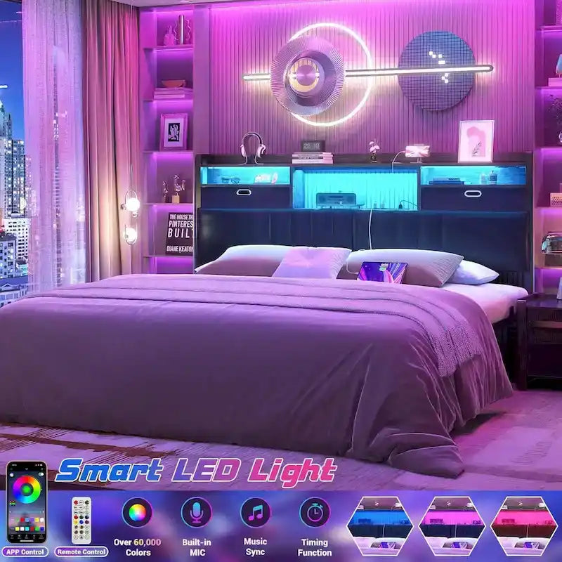 Tête de lit rembourrée avec tiroirs de rangement et éclairage LED RGB, tête de lit robuste