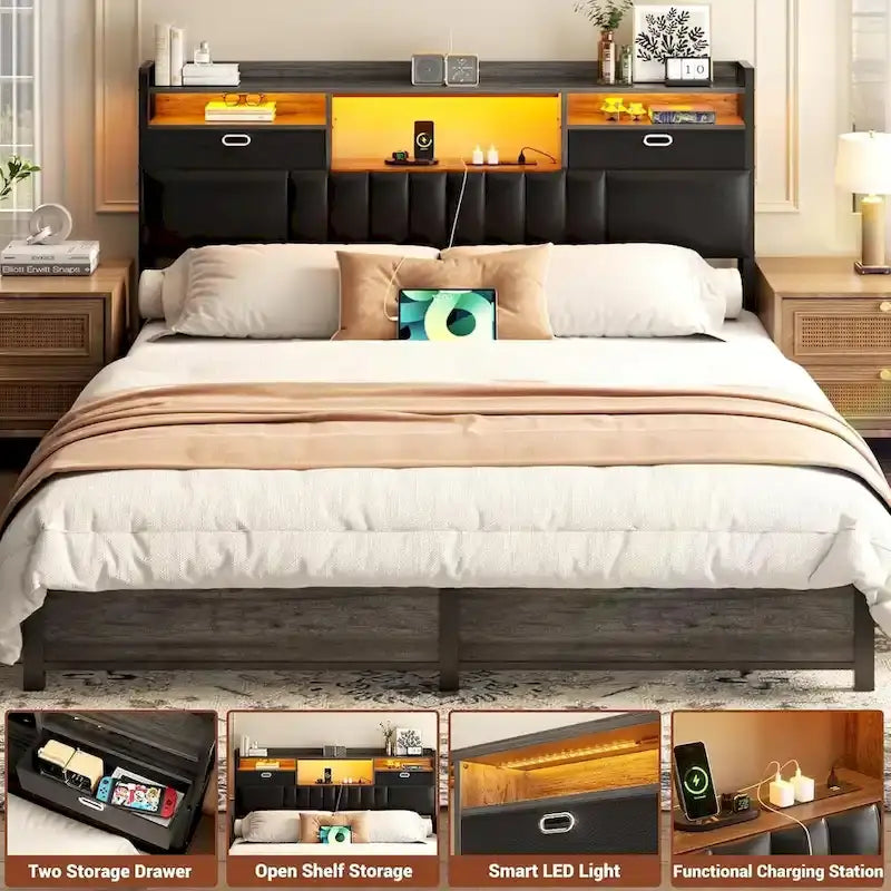 Tête de lit rembourrée avec tiroirs de rangement et éclairage LED RGB, tête de lit robuste