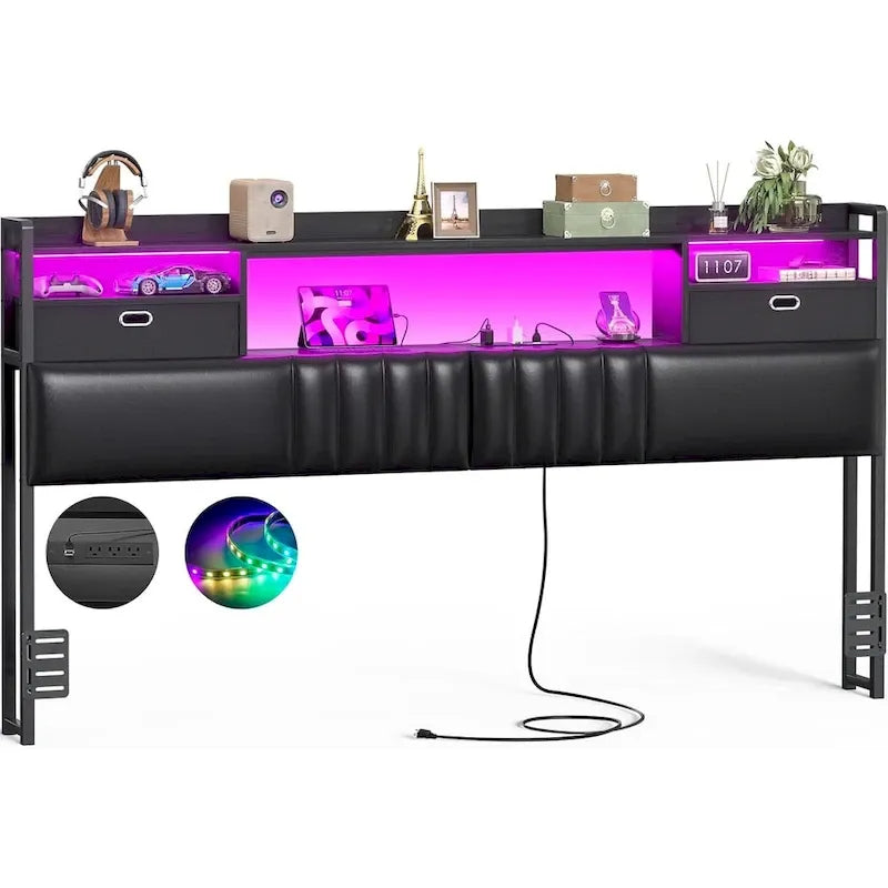 Tête de lit rembourrée avec tiroirs de rangement et éclairage LED RGB, tête de lit robuste