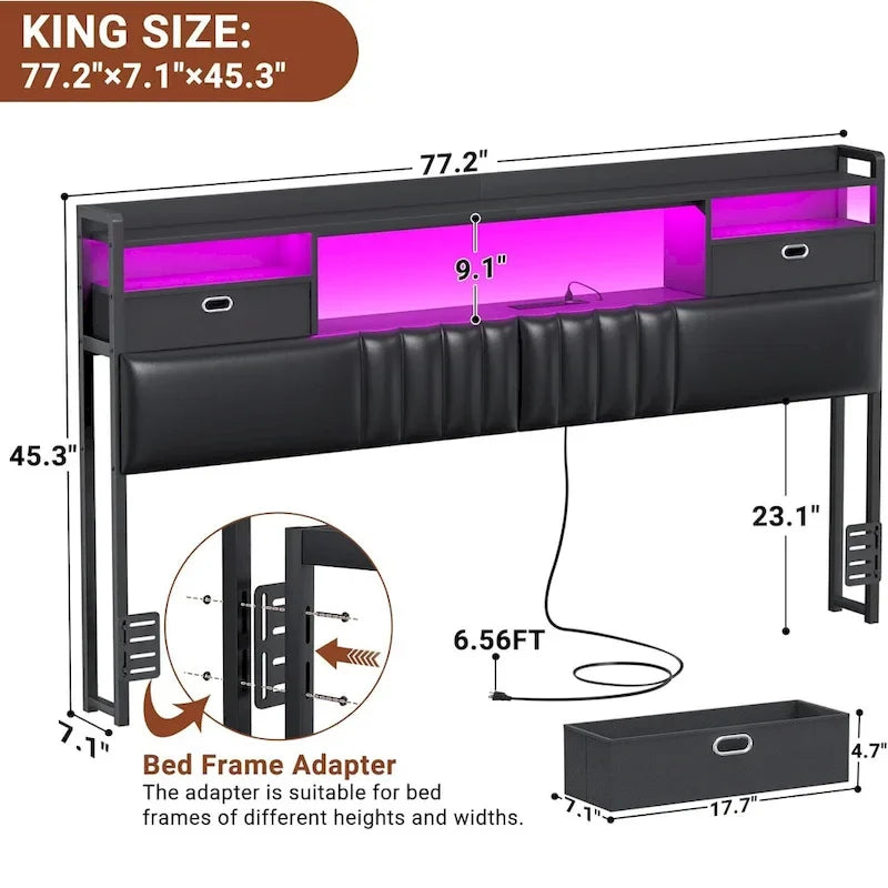 Tête de lit rembourrée avec tiroirs de rangement et éclairage LED RGB, tête de lit robuste