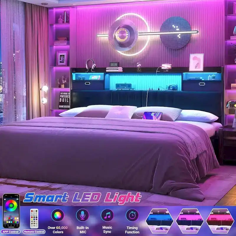 Tête de lit rembourrée avec tiroirs de rangement et éclairage LED RGB, tête de lit robuste