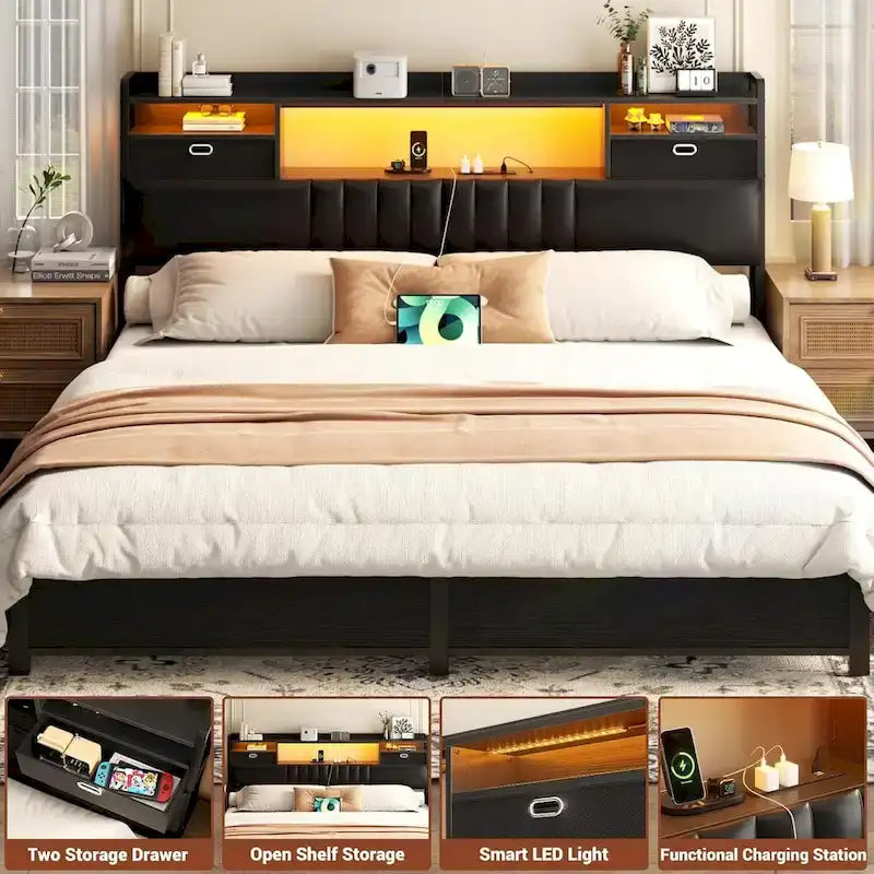Tête de lit rembourrée avec tiroirs de rangement et éclairage LED RGB, tête de lit robuste