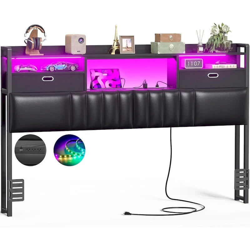 Tête de lit rembourrée avec tiroirs de rangement et éclairage LED RGB, tête de lit robuste