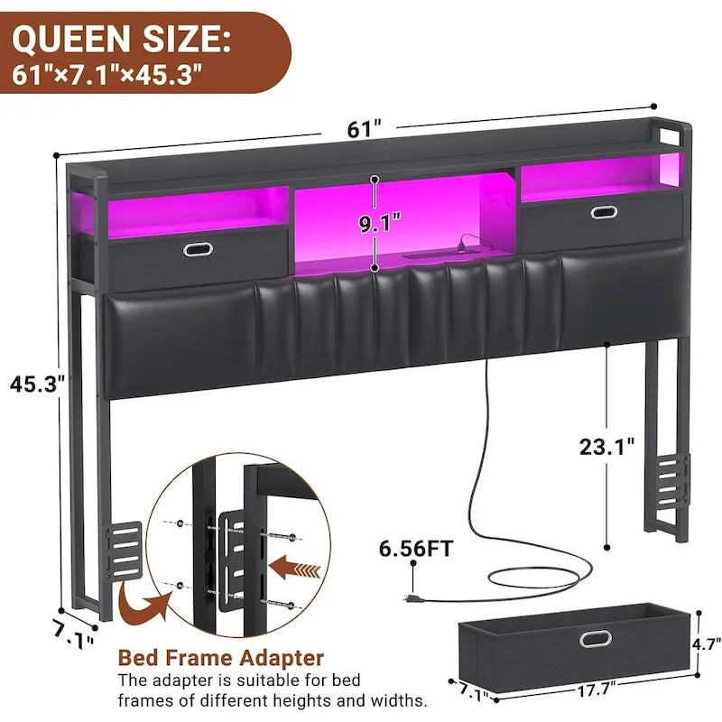 Tête de lit rembourrée avec tiroirs de rangement et éclairage LED RGB, tête de lit robuste