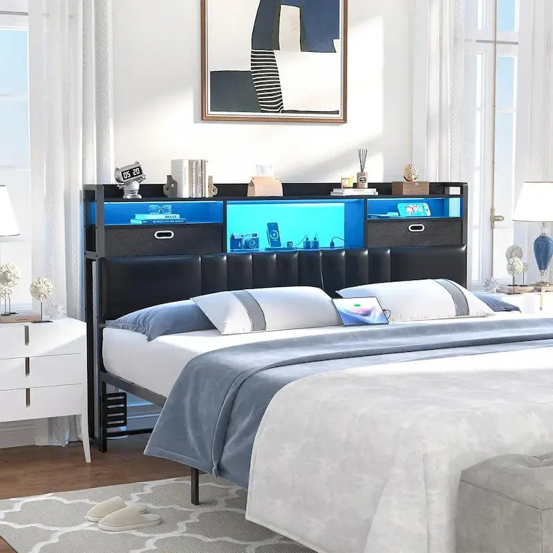 Tête de lit rembourrée avec tiroirs de rangement et éclairage LED RGB, tête de lit robuste