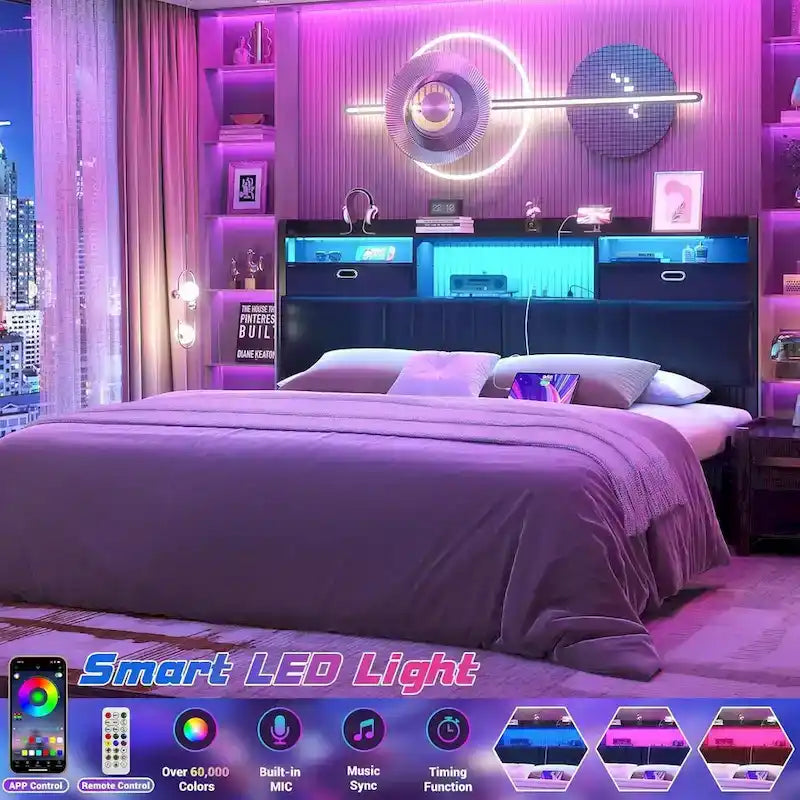 Tête de lit rembourrée avec tiroirs de rangement et éclairage LED RGB, tête de lit robuste