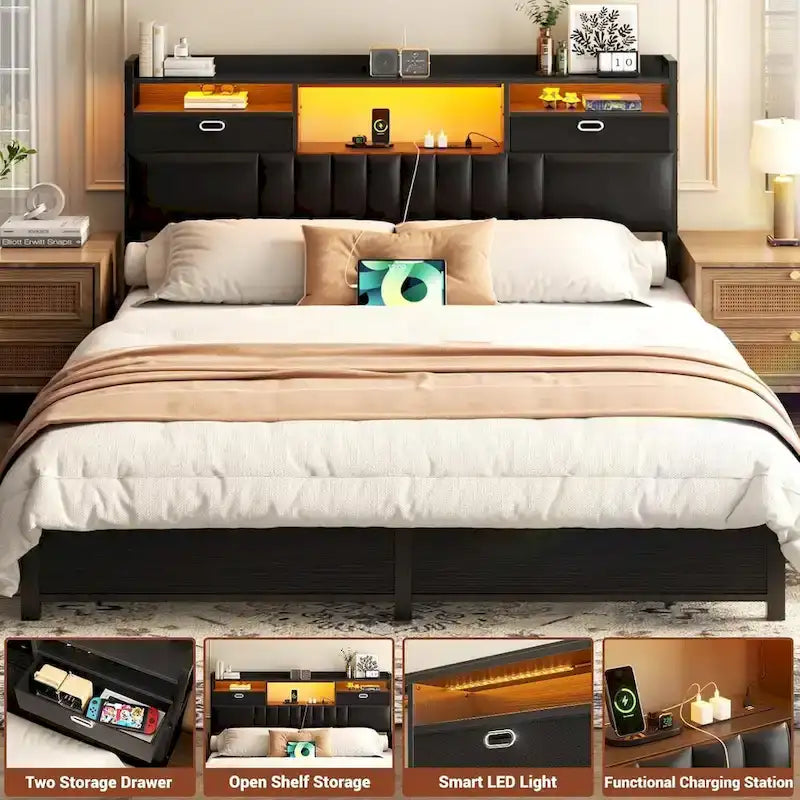 Tête de lit rembourrée avec tiroirs de rangement et éclairage LED RGB, tête de lit robuste