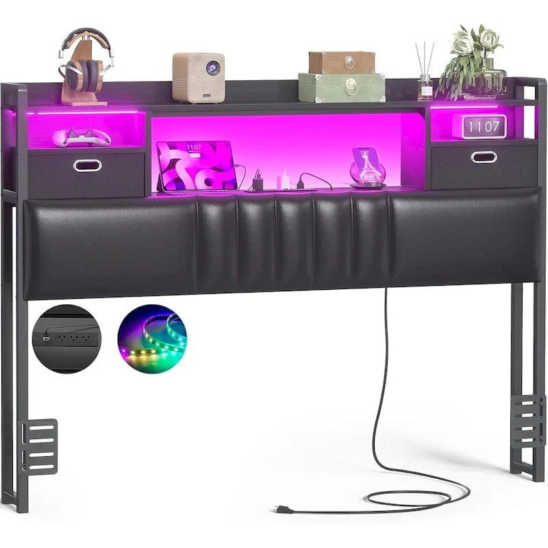 Tête de lit rembourrée avec tiroirs de rangement et éclairage LED RGB, tête de lit robuste