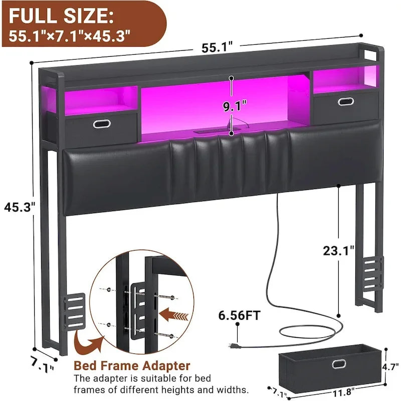 Tête de lit rembourrée avec tiroirs de rangement et éclairage LED RGB, tête de lit robuste
