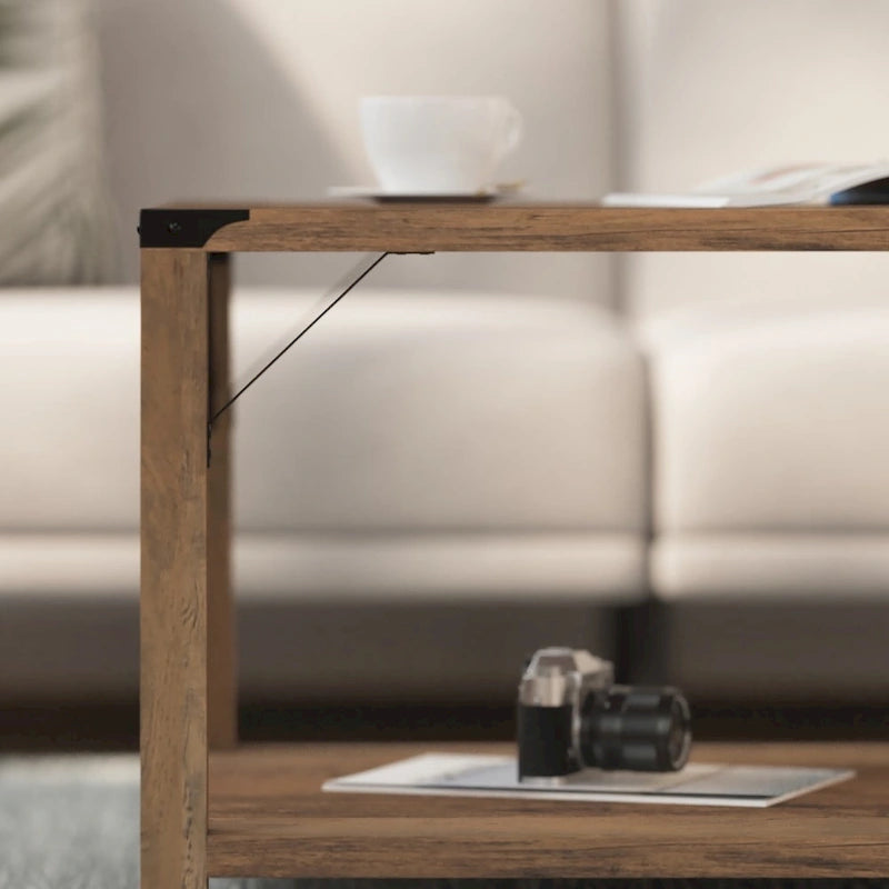 Table basse à 2 niveaux avec entretoises latérales et coins renforcés en métal