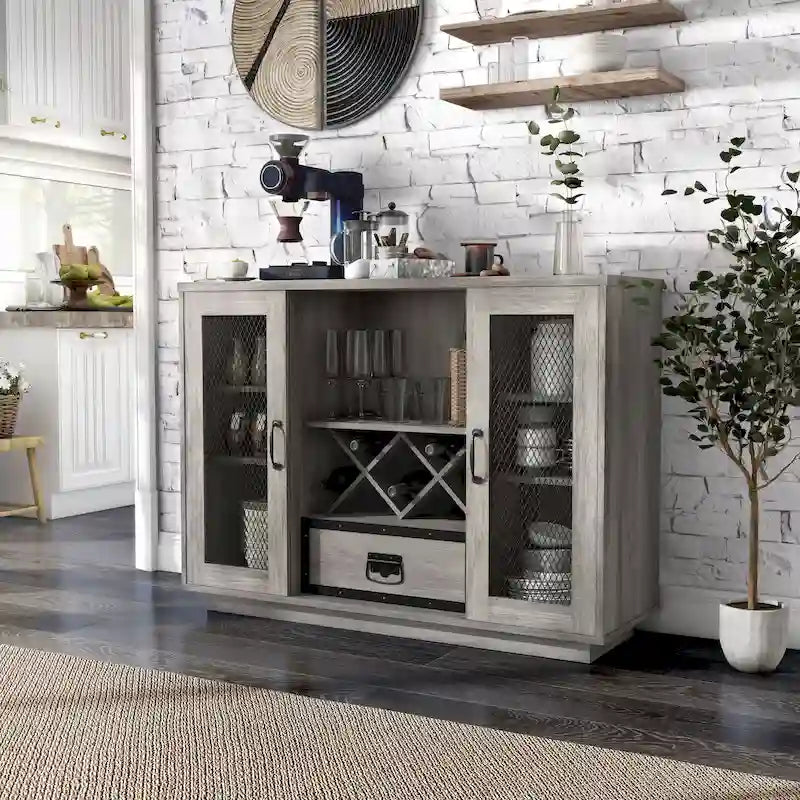 Buffet industriel à 7 tablettes avec rangement pour bouteilles de vin