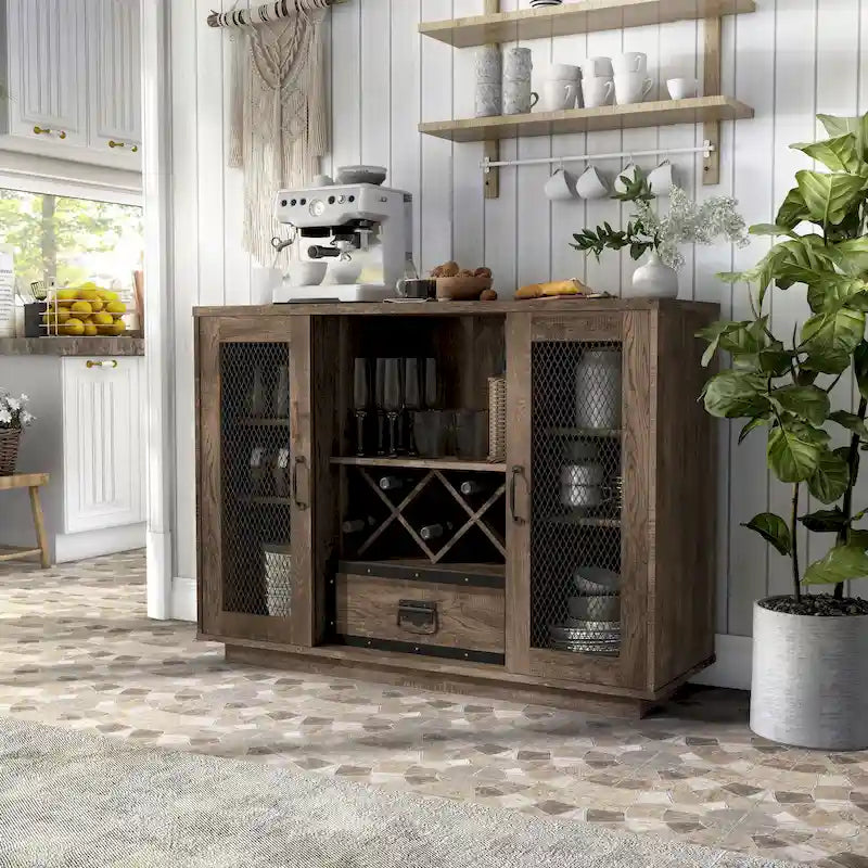 Buffet industriel à 7 tablettes avec rangement pour bouteilles de vin