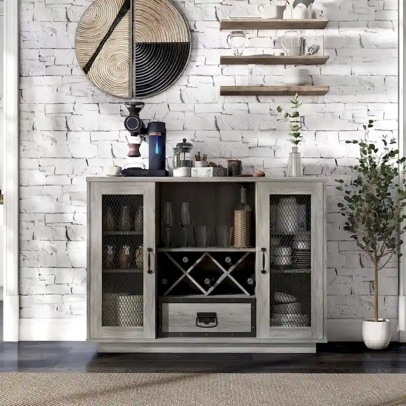Buffet industriel à 7 tablettes avec rangement pour bouteilles de vin