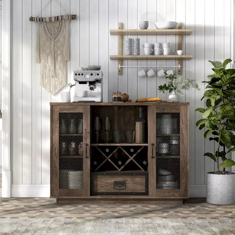 Buffet industriel à 7 tablettes avec rangement pour bouteilles de vin