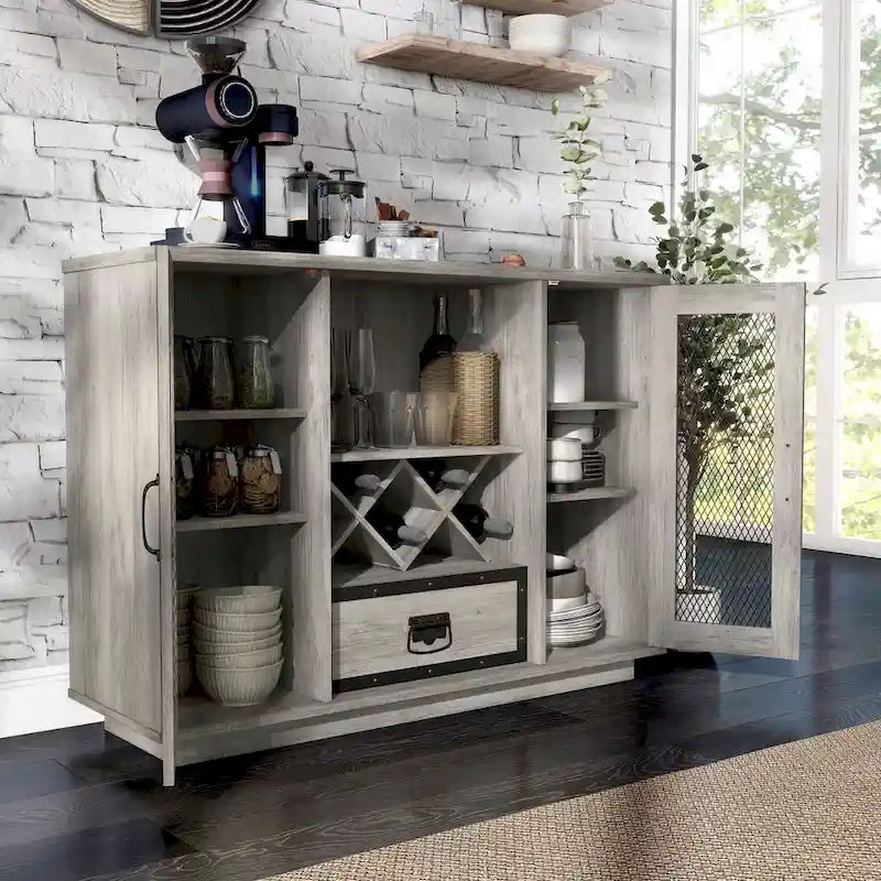 Buffet industriel à 7 tablettes avec rangement pour bouteilles de vin