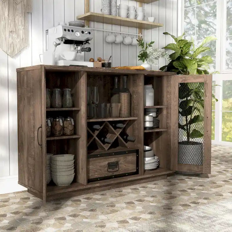 Buffet industriel à 7 tablettes avec rangement pour bouteilles de vin