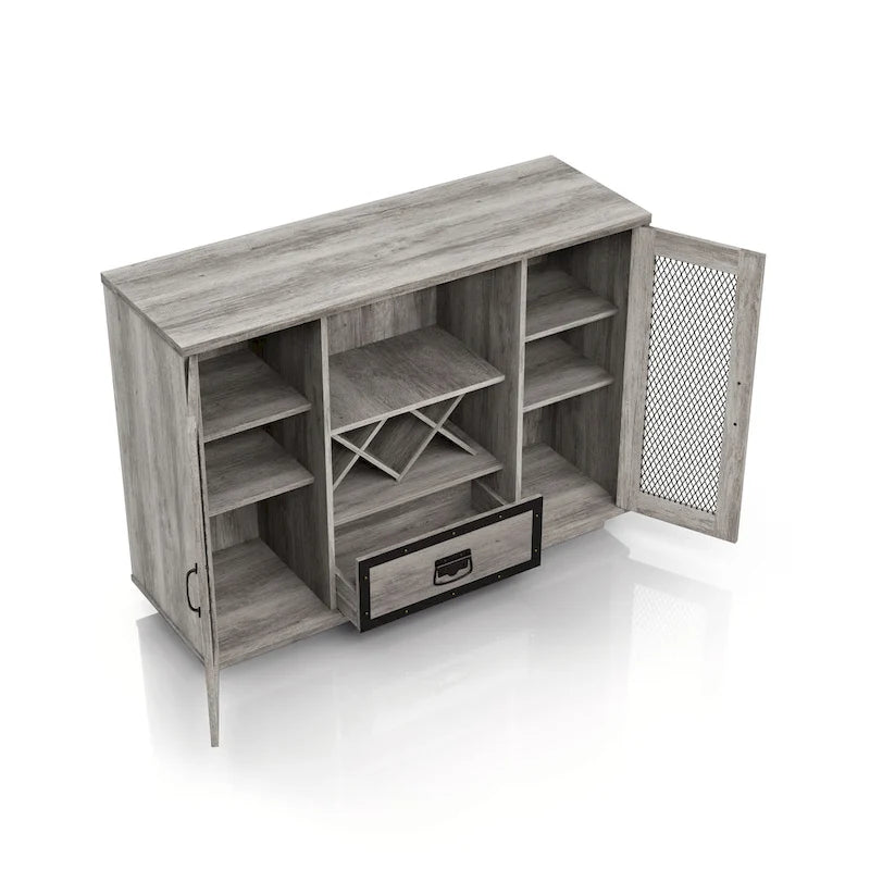 Buffet industriel à 7 tablettes avec rangement pour bouteilles de vin