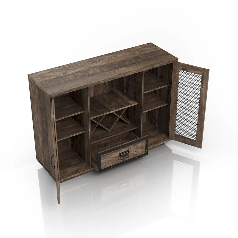 Buffet industriel à 7 tablettes avec rangement pour bouteilles de vin
