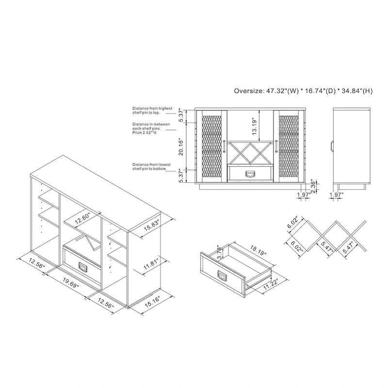 Buffet industriel à 7 tablettes avec rangement pour bouteilles de vin