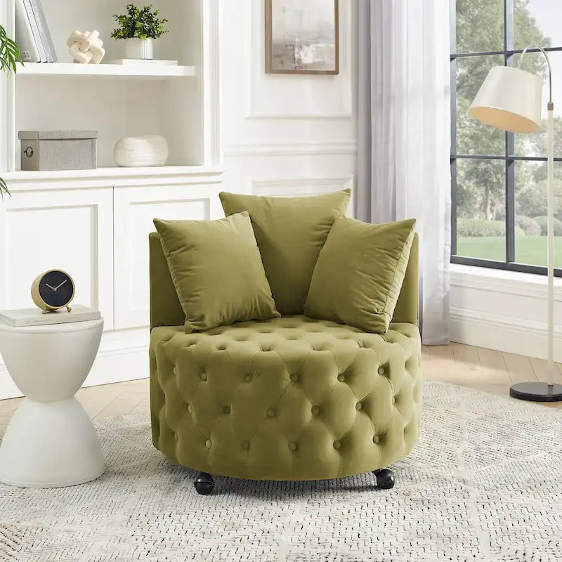 Fauteuil pivotant en velours pour salon avec capitonnage