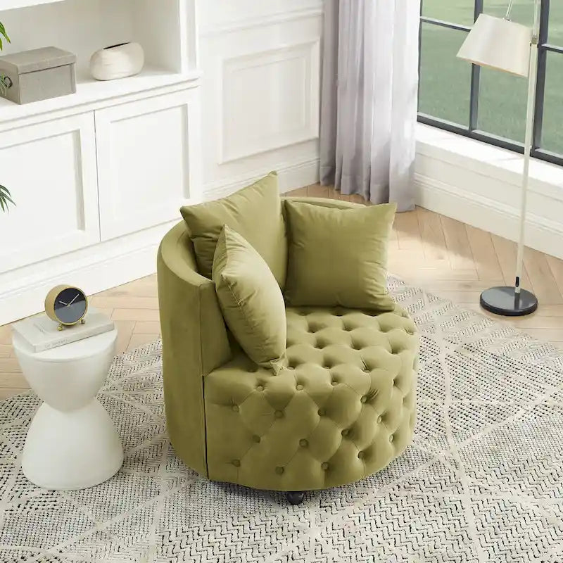 Fauteuil pivotant en velours pour salon avec capitonnage