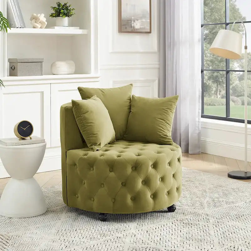 Fauteuil pivotant en velours pour salon avec capitonnage