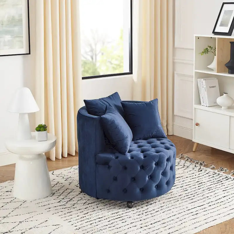 Fauteuil pivotant en velours pour salon avec capitonnage