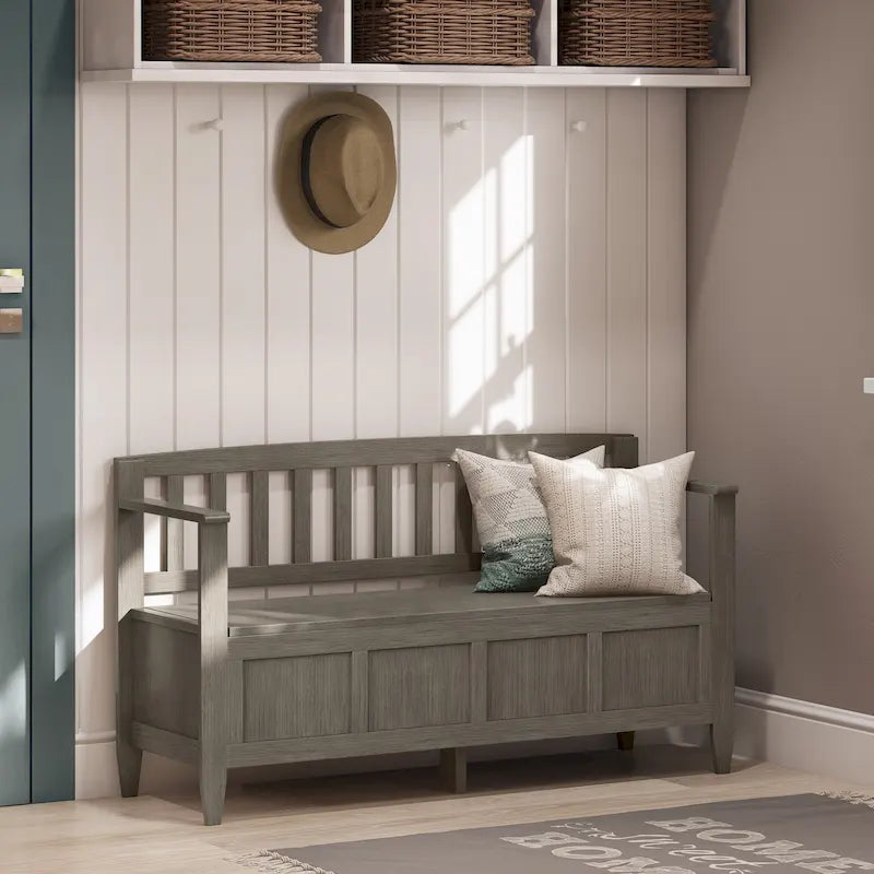 Banc de rangement contemporain en bois massif de 122 cm de large pour entrée