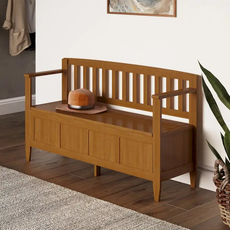 Banc de rangement contemporain en bois massif de 122 cm de large pour entrée