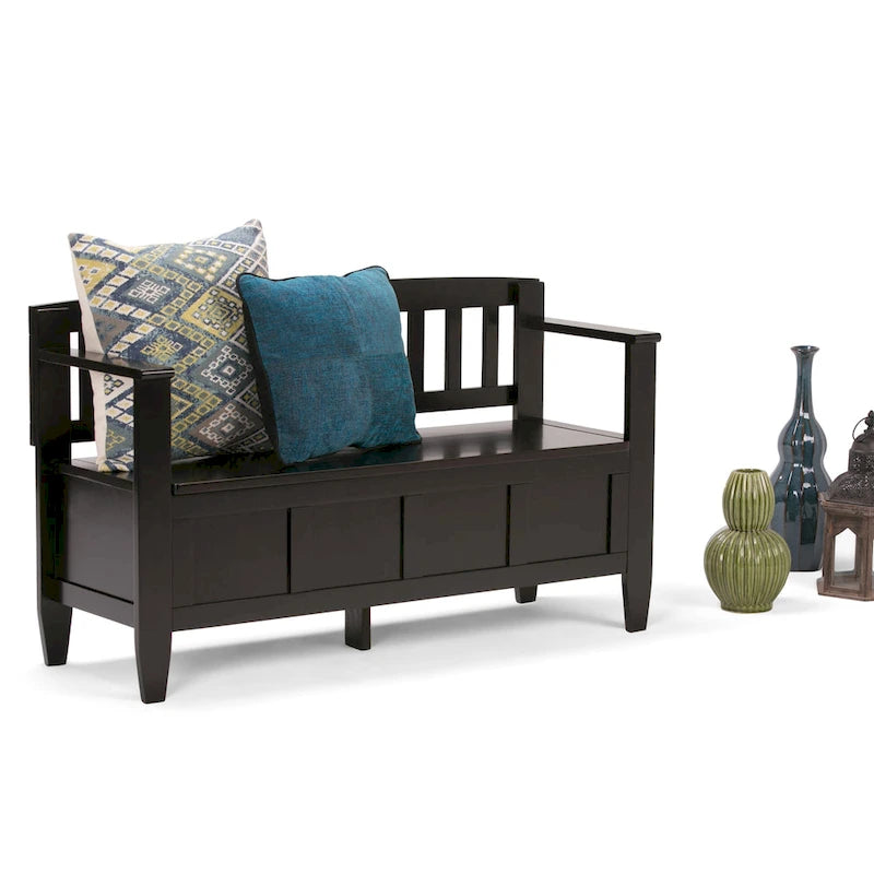 Banc de rangement contemporain en bois massif de 122 cm de large pour entrée