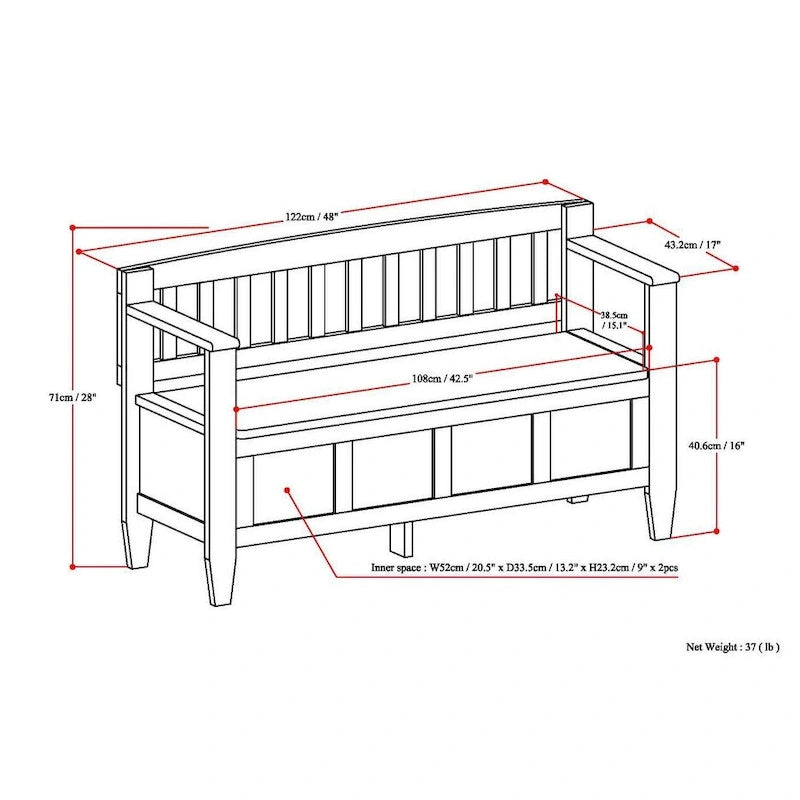 Banc de rangement contemporain en bois massif de 122 cm de large pour entrée