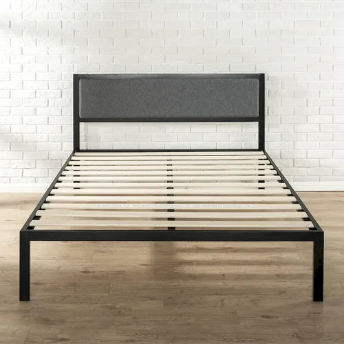 Priage by Zinus Black Steel Platform Bedframe w/ Grey Fabric Headboard