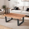 Table basse Acacia Farmhouse, bords bruts, piètement traîneau en métal, marron et noir