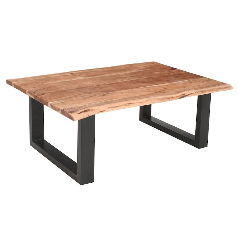 Table basse Acacia Farmhouse, bords bruts, piètement traîneau en métal, marron et noir