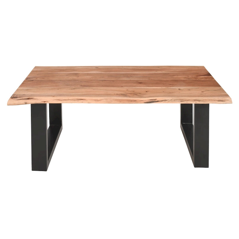 Table basse Acacia Farmhouse, bords bruts, piètement traîneau en métal, marron et noir