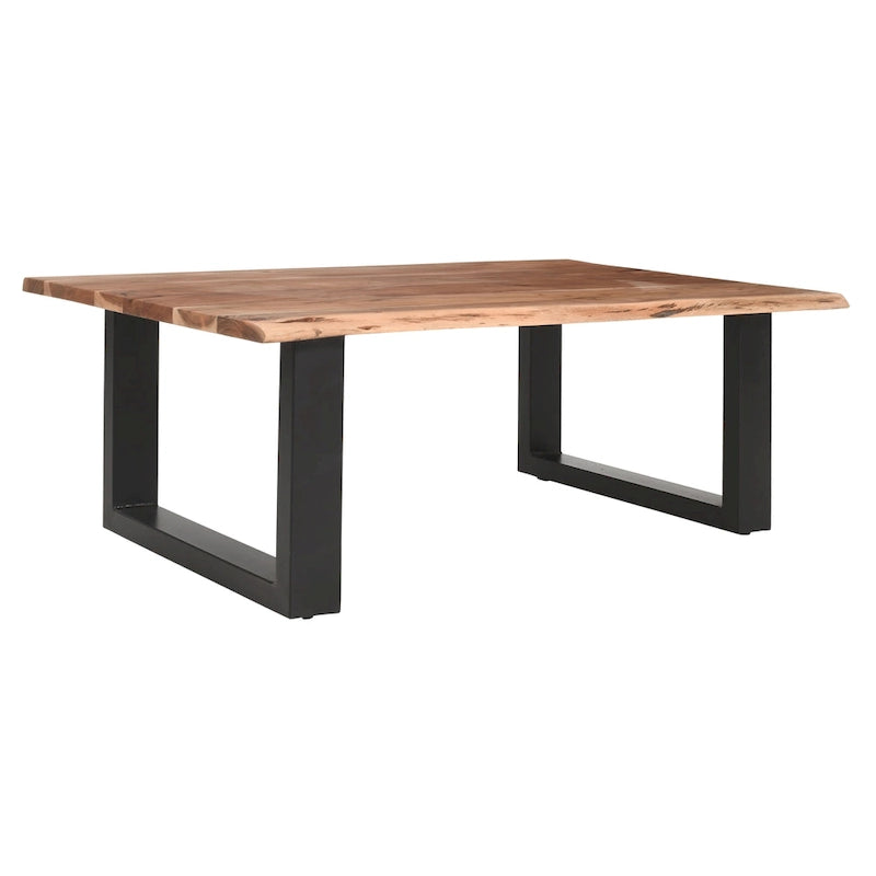 Table basse Acacia Farmhouse, bords bruts, piètement traîneau en métal, marron et noir