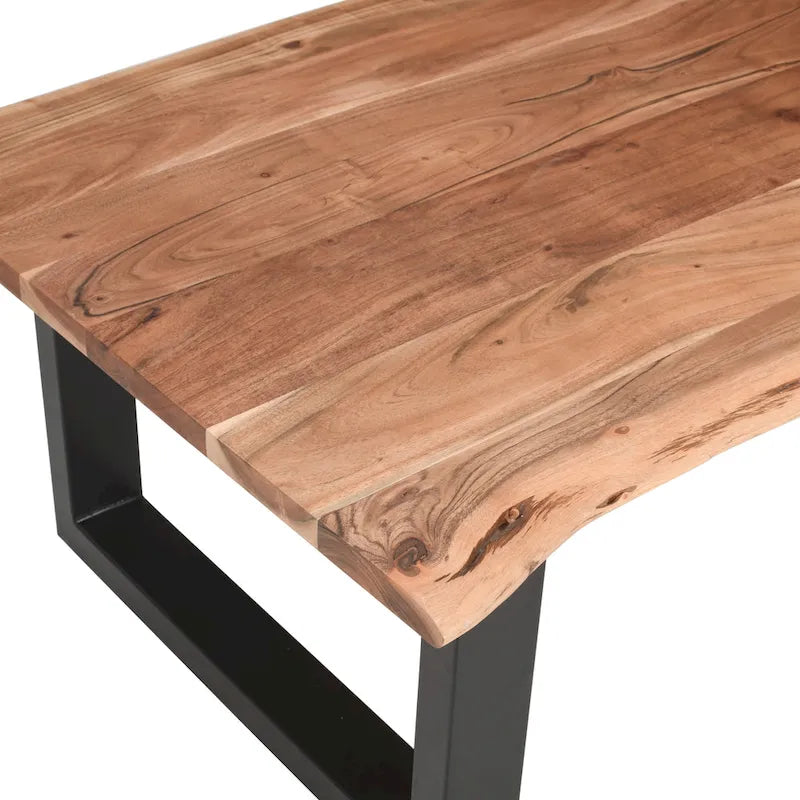 Table basse Acacia Farmhouse, bords bruts, piètement traîneau en métal, marron et noir