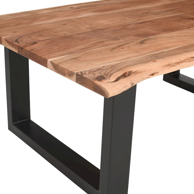 Table basse Acacia Farmhouse, bords bruts, piètement traîneau en métal, marron et noir