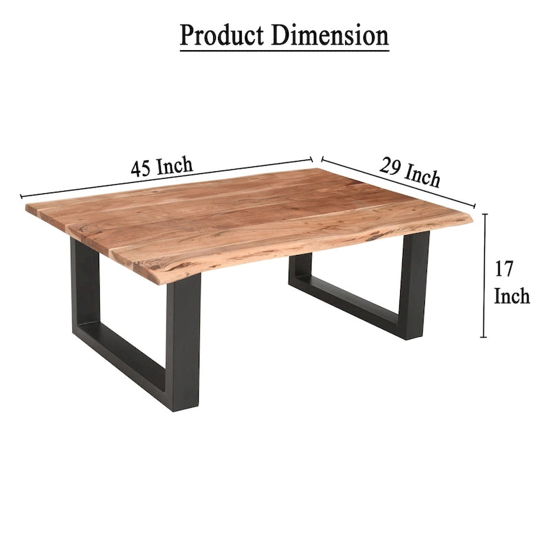 Table basse Acacia Farmhouse, bords bruts, piètement traîneau en métal, marron et noir