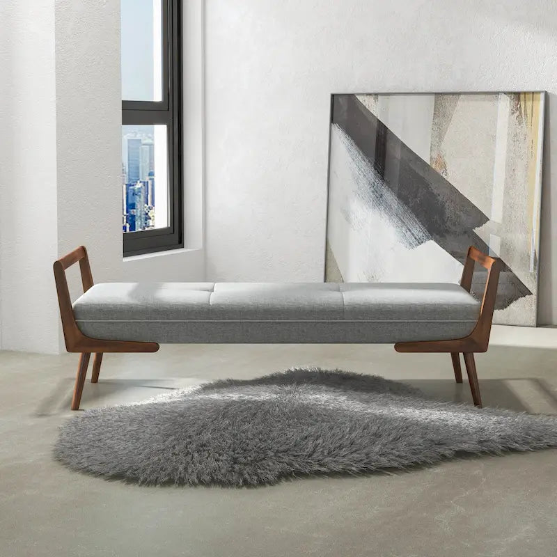 Banc rembourré en tissu gris de style Mid-Century Modern