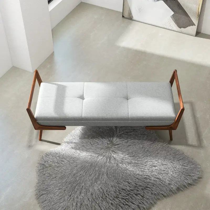 Banc rembourré en tissu gris de style Mid-Century Modern