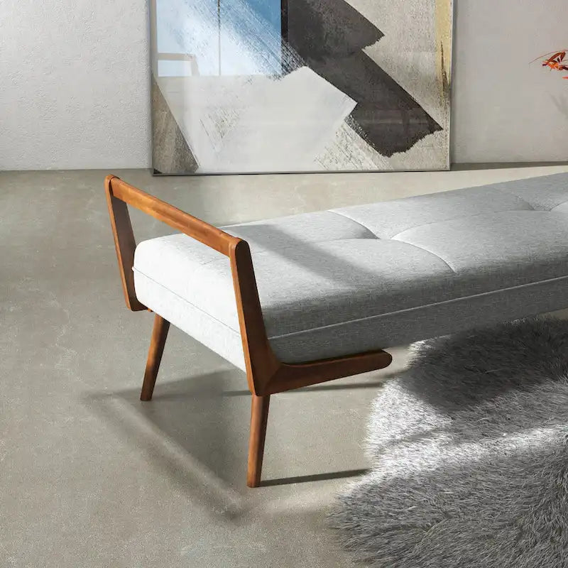 Banc rembourré en tissu gris de style Mid-Century Modern