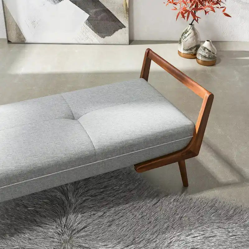 Banc rembourré en tissu gris de style Mid-Century Modern