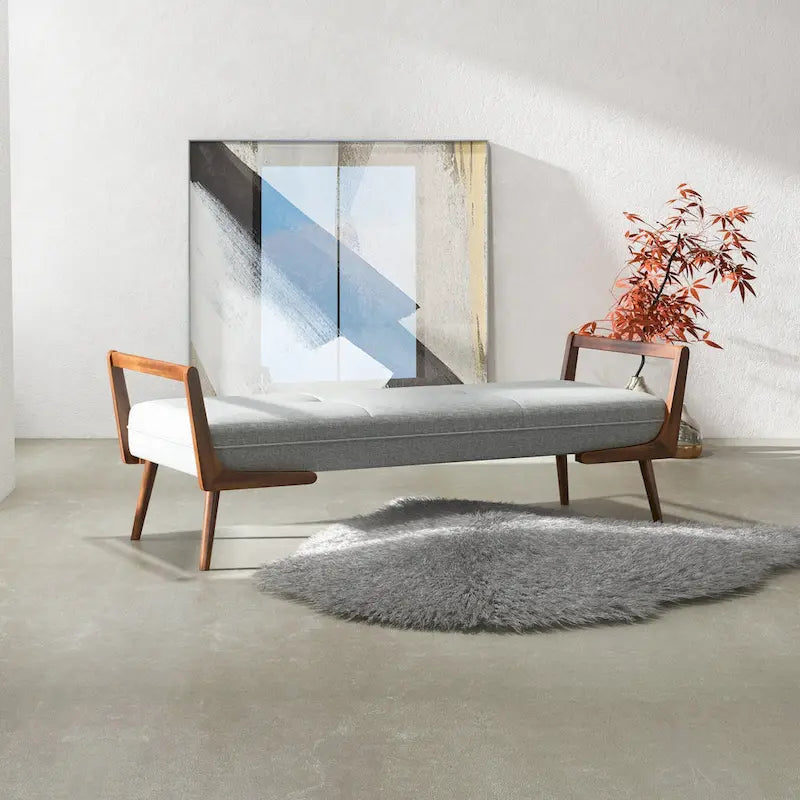 Banc rembourré en tissu gris de style Mid-Century Modern