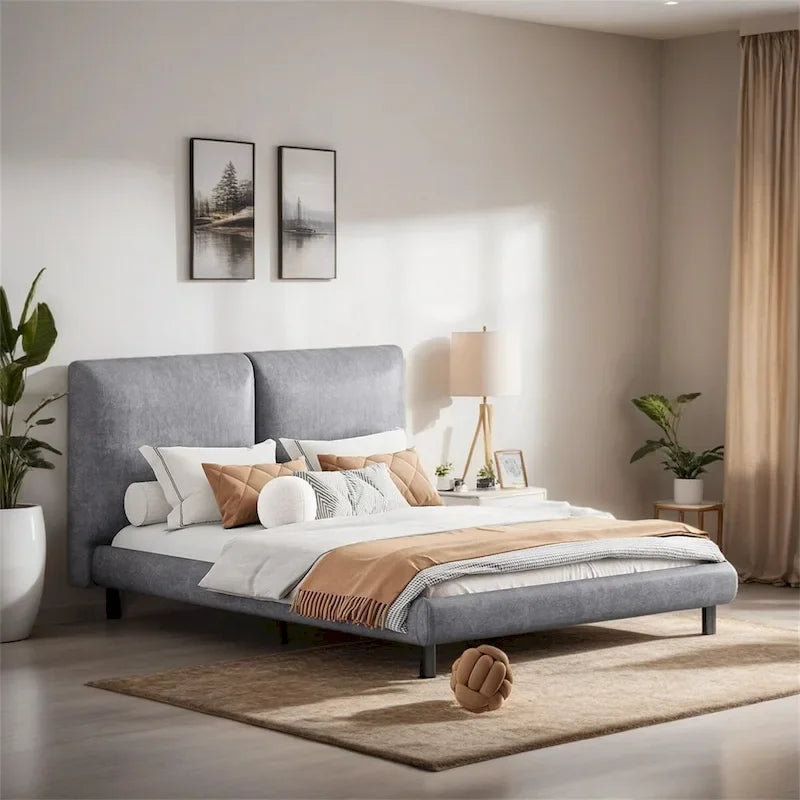Lit plateforme capitonné avec deux grandes têtes de lit et tissu épais, Polyester