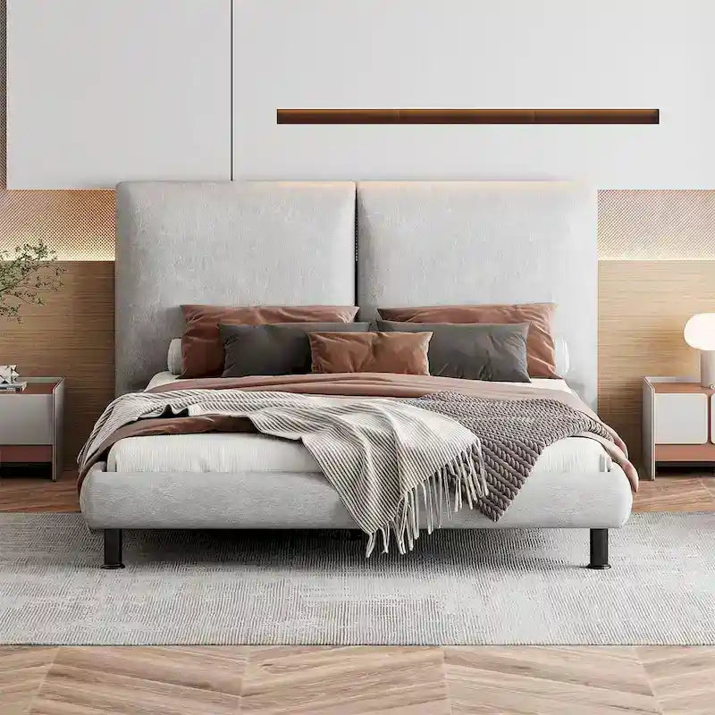 Lit plateforme capitonné avec deux grandes têtes de lit et tissu épais, Polyester